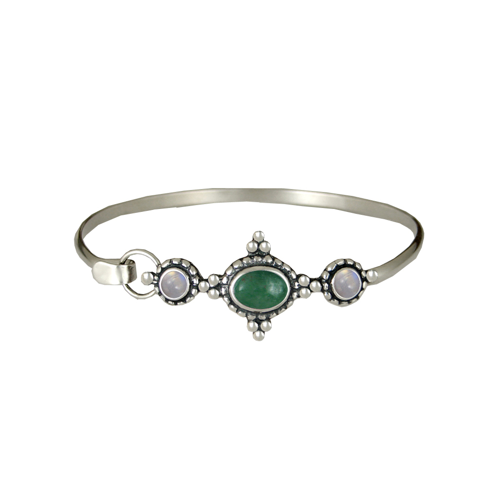 Sterling Silver Gemstone Strap Latch Spring Hook Bangle Bracelet Jade And Rainbow Moonstone